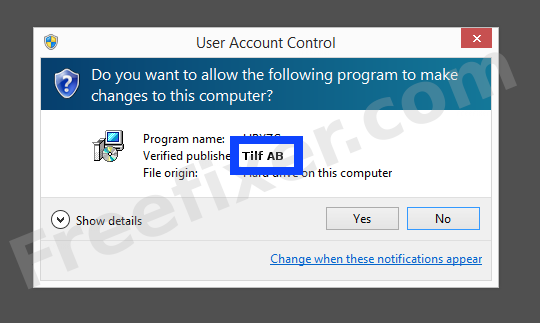 Screenshot where Tilf AB appears as the verified publisher in the UAC dialog